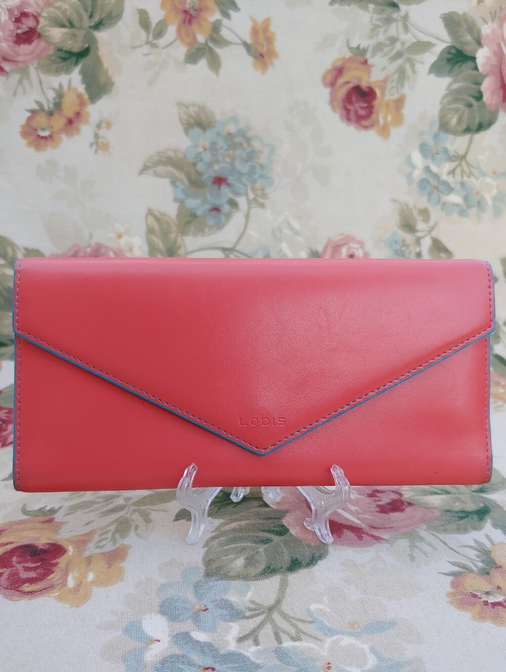 Lodis Leather Envelope Flap Long Wallet Coral and Turquoise